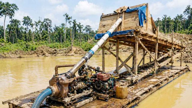 Foto bangunan tambang emas milik warga berdiri di atas sungai di Kalimantan Tengah.