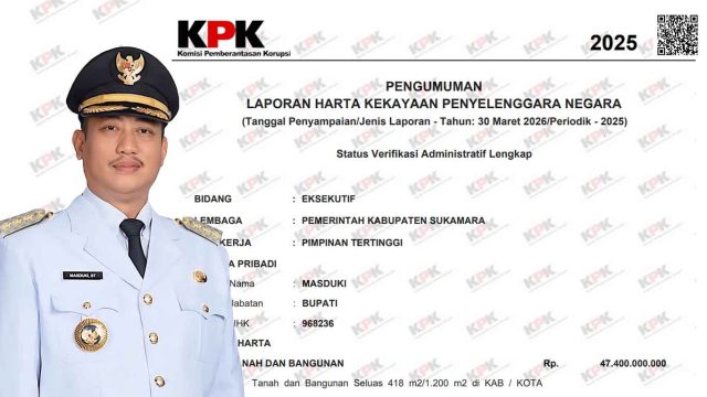 Foto dokumen LHKPN KPK yang menampilkan profil pejabat Pemerintah Kabupaten Sukamara pada laporan kekayaan tahun 2025.