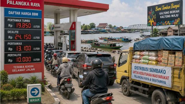 Ilustrasi SPBU di Palangka Raya dengan papan harga BBM, antrean kendaraan, truk distribusi sembako, serta sungai dan klotok di latar belakang.