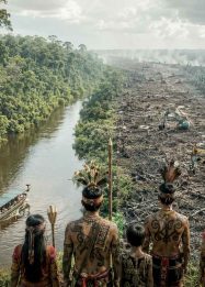 Ilustrasi editorial realistis yang memperlihatkan kontras antara hutan hujan tropis Kalimantan Tengah yang lestari dengan ekspansi perkebunan sawit.