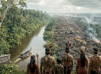 Ilustrasi editorial realistis yang memperlihatkan kontras antara hutan hujan tropis Kalimantan Tengah yang lestari dengan ekspansi perkebunan sawit.