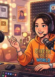 Ilustrasi seorang konten kreator sedang membuat video untuk media sosial menggunakan kamera dan ponsel di ruang kerja digital.