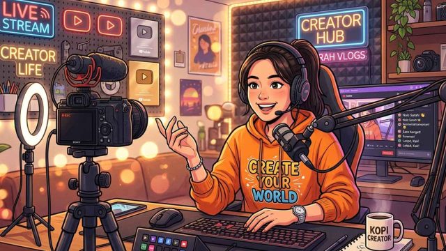 Ilustrasi seorang konten kreator sedang membuat video untuk media sosial menggunakan kamera dan ponsel di ruang kerja digital.