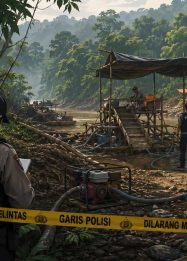 Foto aparat kepolisian sedang menangani kasus pembunuhan penambang emas di Gunung Mas.