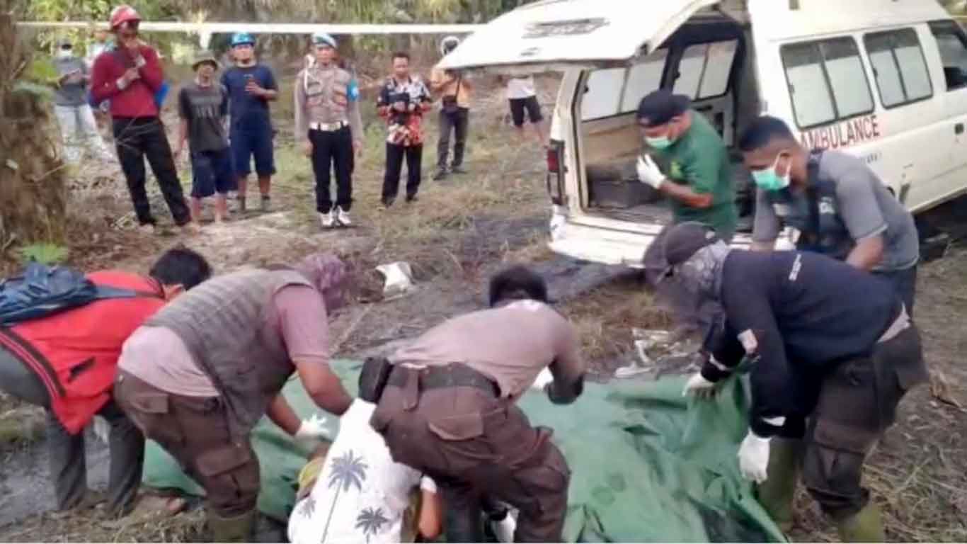 Foto petugas sedang mengevakuasi jenazah korban di kebun sawit Mentaya Hulu