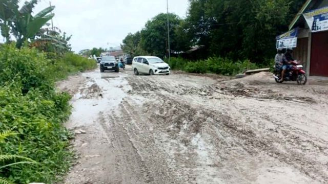 Foto kondisi jalan nasional rusak parah di Desa Timpah, Kabupaten Kapuas, Kalimantan Tengah