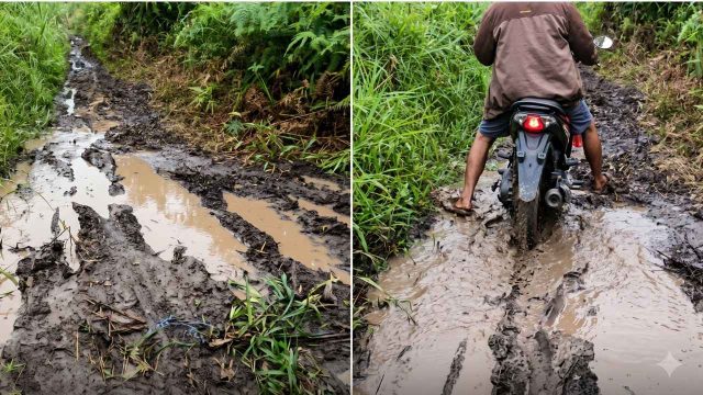 Foto kondisi jalan rusak sedang dilalui warga di Desa Soren, Kecamatan Kota Besi.