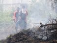 Dua petugas pemadam kebakaran memadamkan api di lahan terbakar Kota Palangka Raya, Kalimantan Tengah