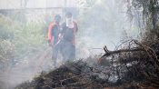 Dua petugas pemadam kebakaran memadamkan api di lahan terbakar Kota Palangka Raya, Kalimantan Tengah