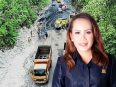 Kondisi truk angkutan barang bermuatan besar saat melintasi jalan raya lintas provinsi.
