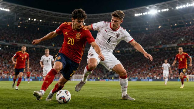 Pemain Spanyol dan Austria berebut bola dalam pertandingan sepak bola.