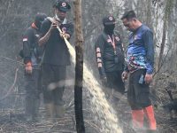 Petugas tim gabungan saat melancarkan operasi pemadaman dan pemantauan kebakaran hutan dan lahan di Palangka Raya.