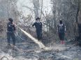 Tiga petugas BPBD menyemprotkan air ke lahan gambut yang terbakar di Tumbang Nusa