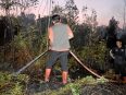 Petugas memadamkan kebakaran di lahan gambut