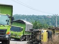 Truk tronton pengangkut batu bara melintas di jalan negara jalur Katingan menuju Kotawaringin Timur.